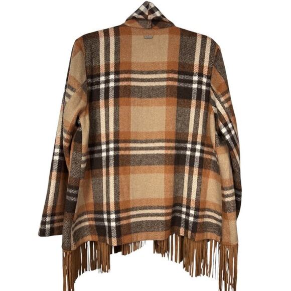 Cupio Women's Brown Plaid Open Front Blanket Jacket with Fringe Size Small - Picture 4 of 6